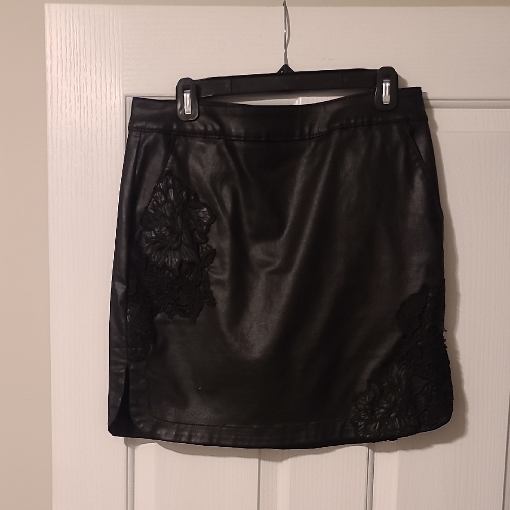 White House Black Market Black Mini Vegan Leather Skirt with Lace Accents